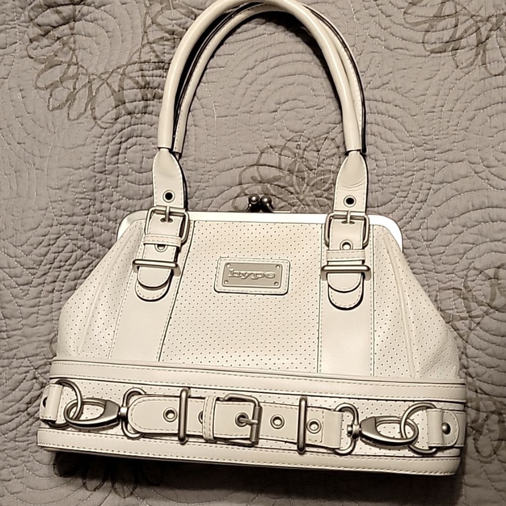 Hype white perforated leather kiss lock satchel